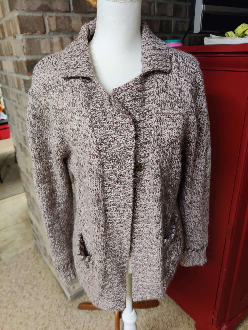 JM Collection Taupe Marled Knit Cardigan Jacket, Size Large